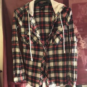 SUPER SOFT Plaid button up w/ Sherpa hoodie